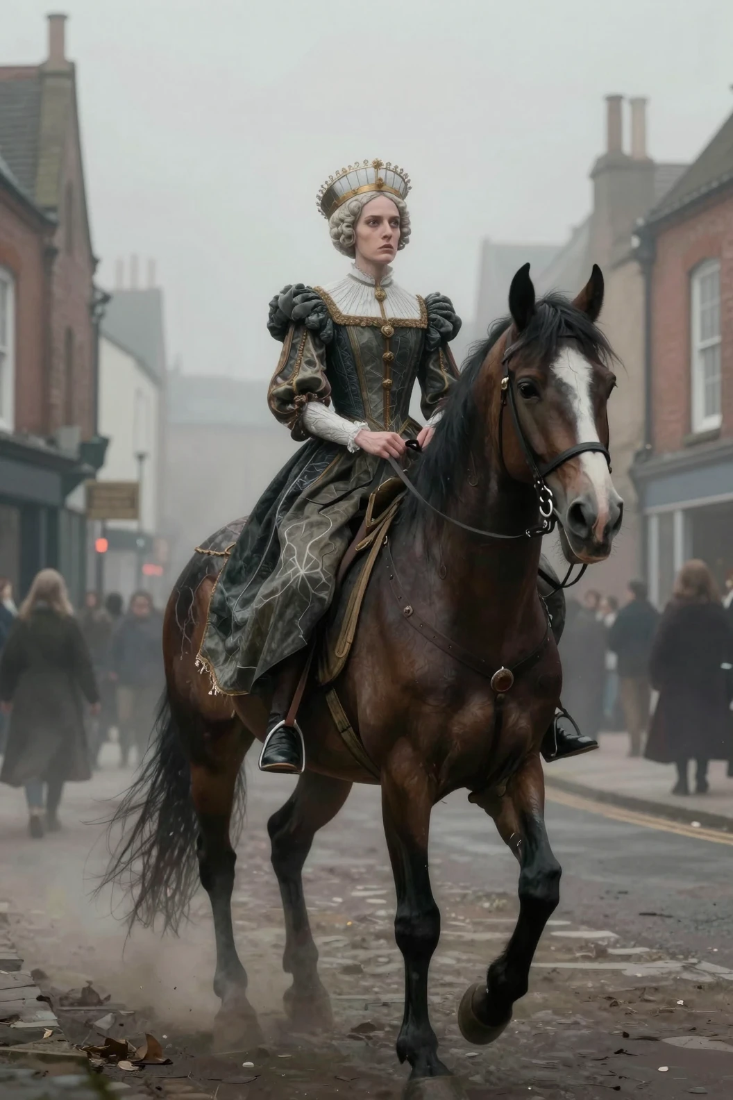 Medieval noblewoman riding through misty Coventry streets