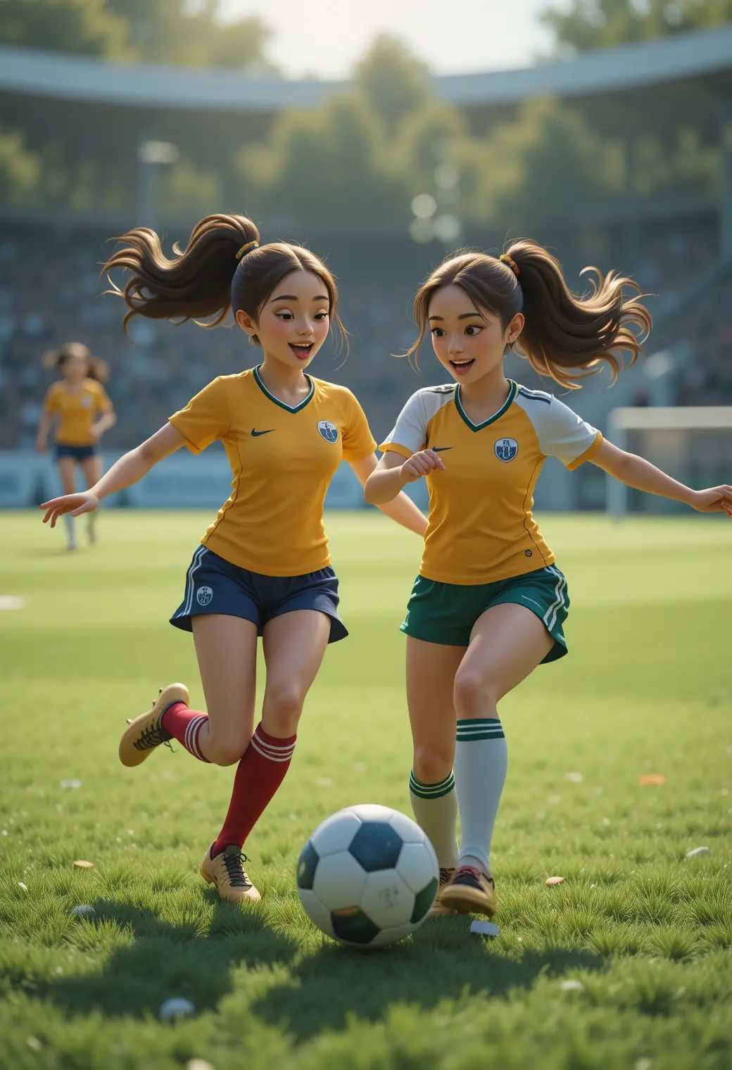 Two women athletes competing for the soccer ball