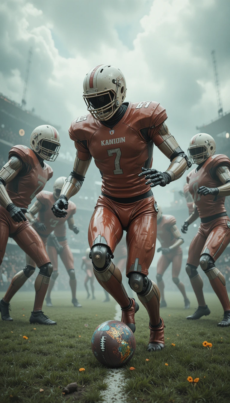 Humanoid robots play an intense football match on the field