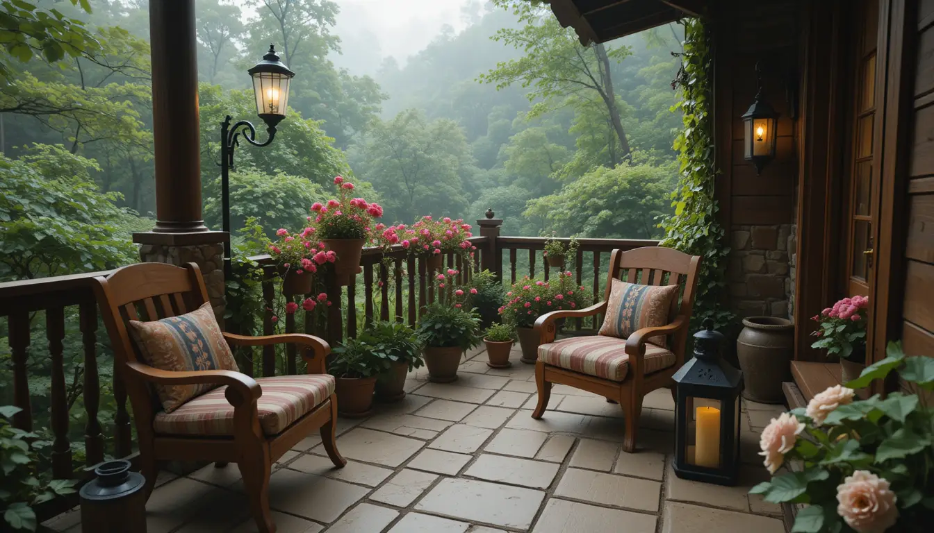 Accogliente balcone rustico con poltrona in legno e lanterne