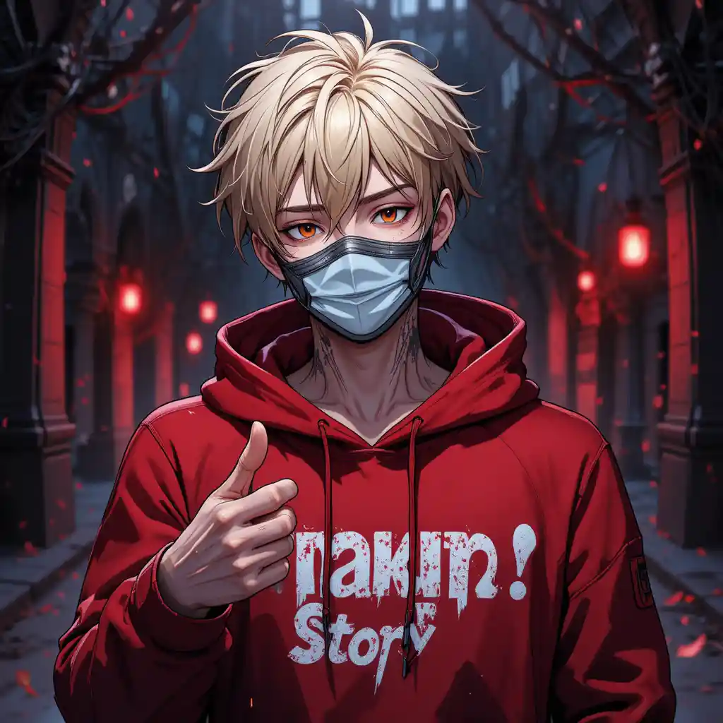 Anime boy in red hoodie with mask in horror night