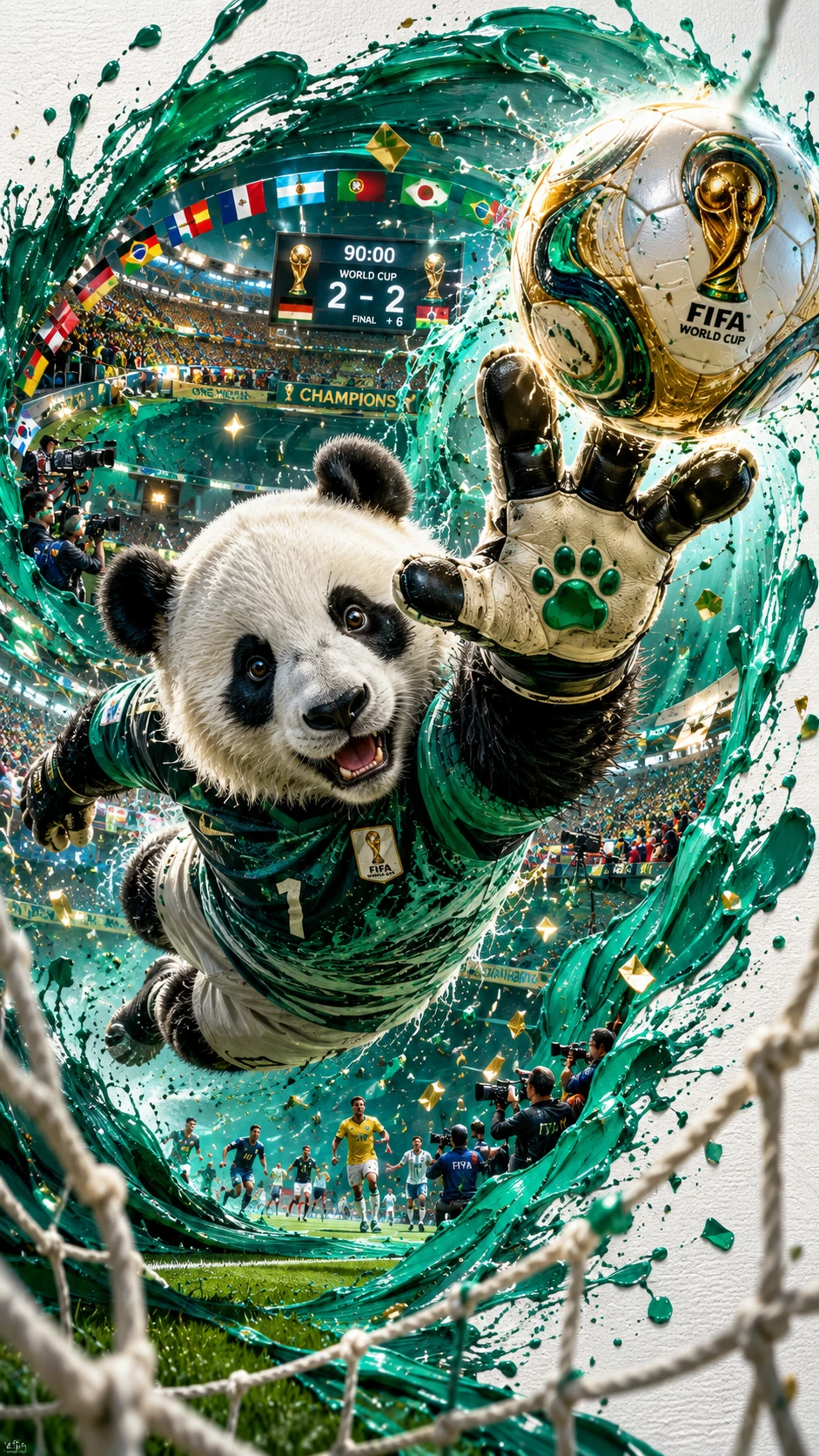Flying panda goalkeeper saving a glowing football shot