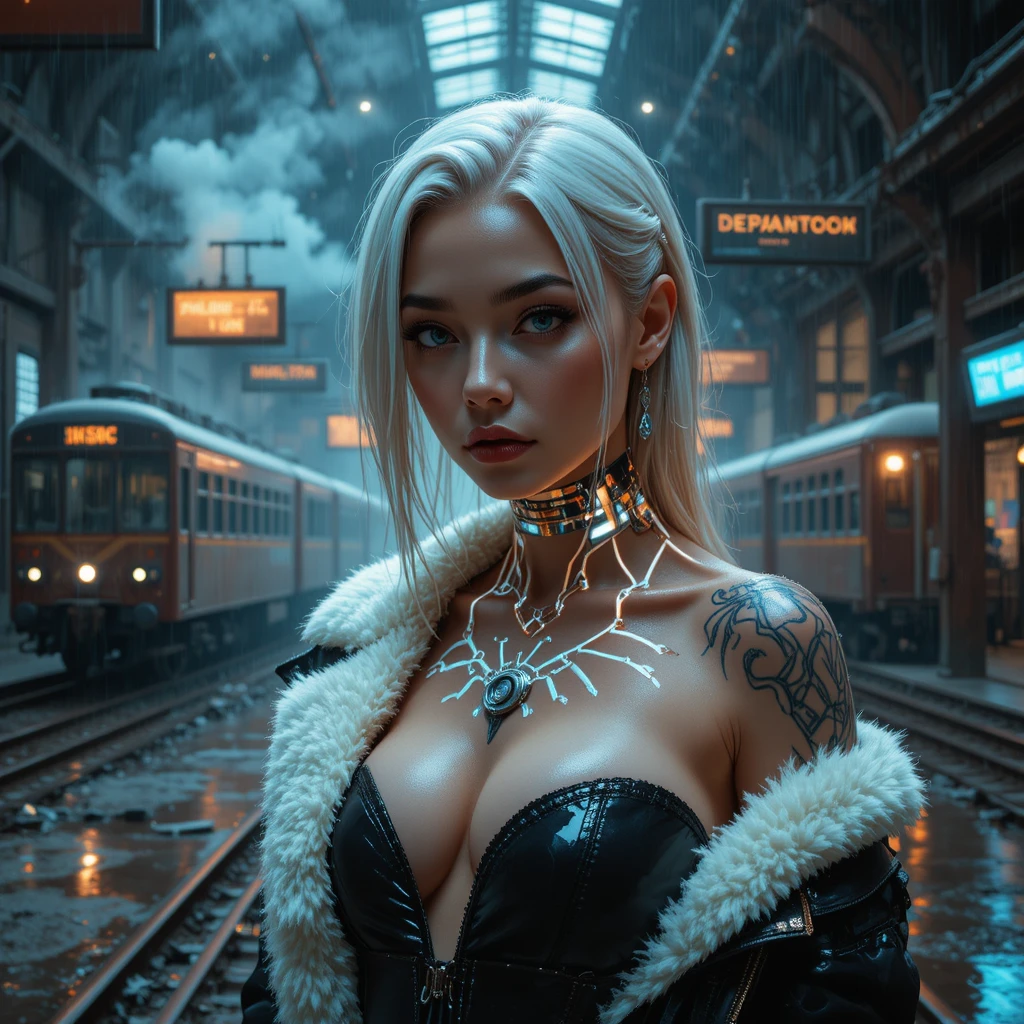 Cyberpunk heroine in ruined futuristic train station