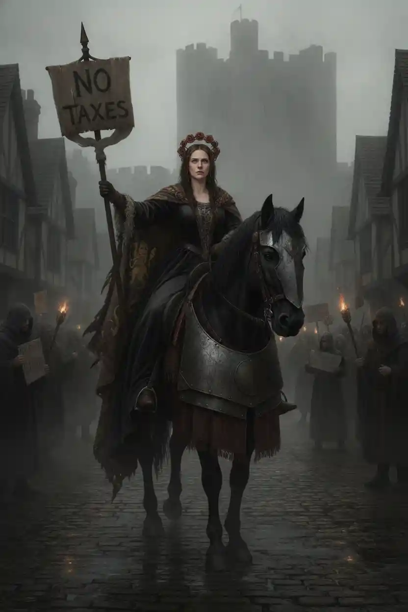 Medieval noblewoman riding through Coventry in misty dawn streets