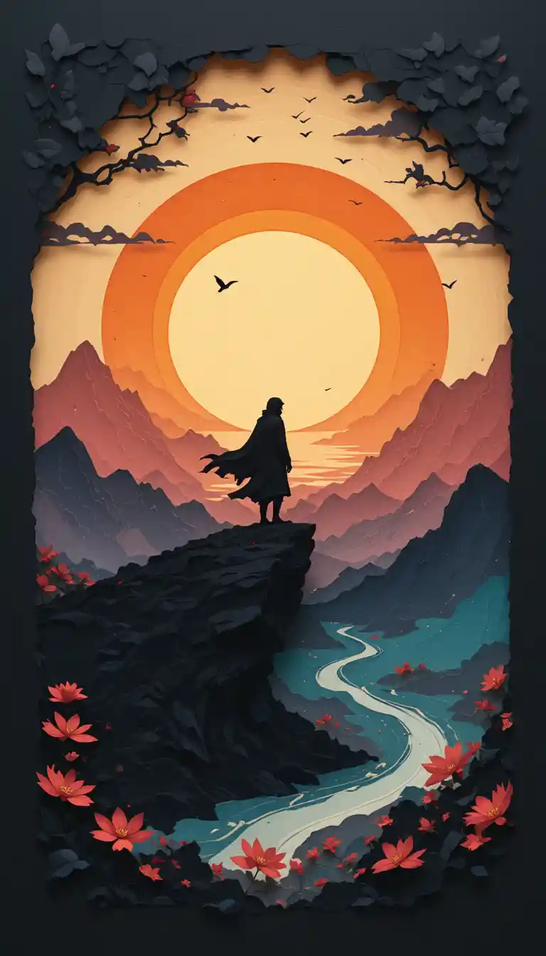 Lone wanderer drifting through mountains in sunset wind