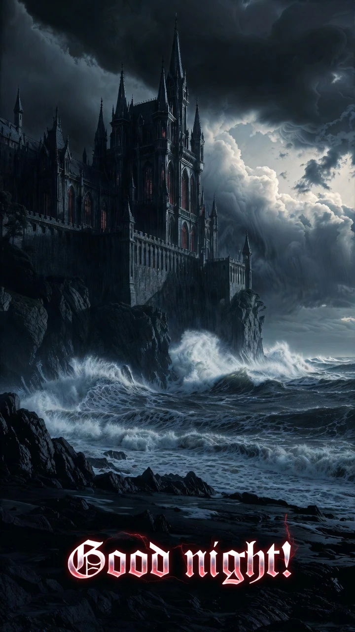 Gothic castle on a stormy cliff under a hidden moon