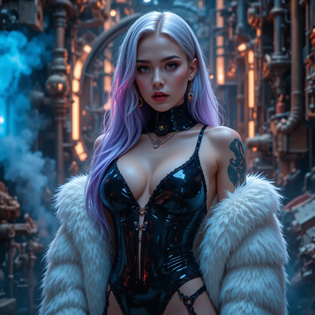 Futuristic femme fatale portrait in steampunk studio