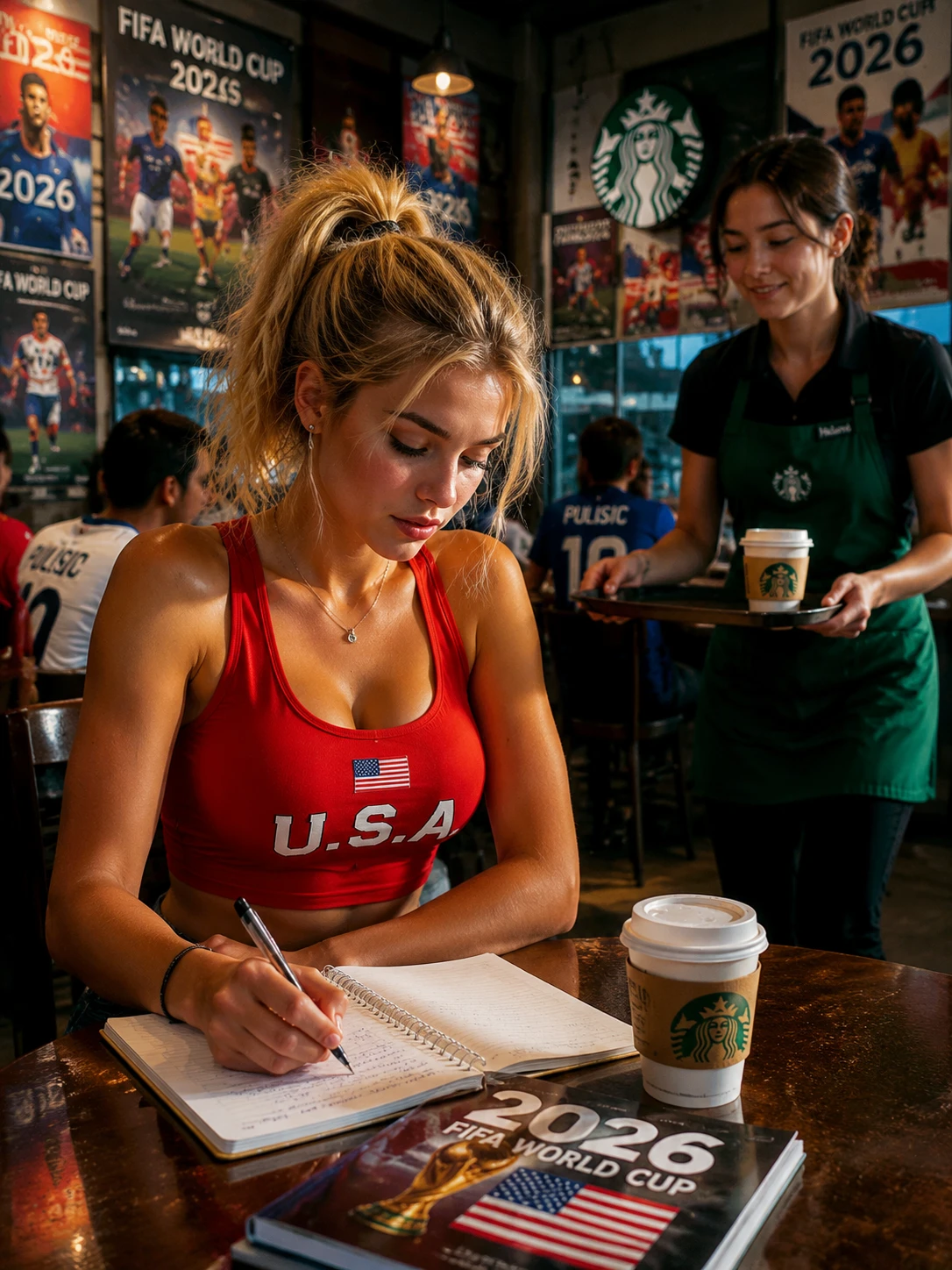 Young woman writing in a notebook inside a coffee shop