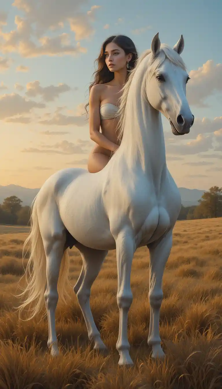 Elegant female centaur in a golden meadow at sunset