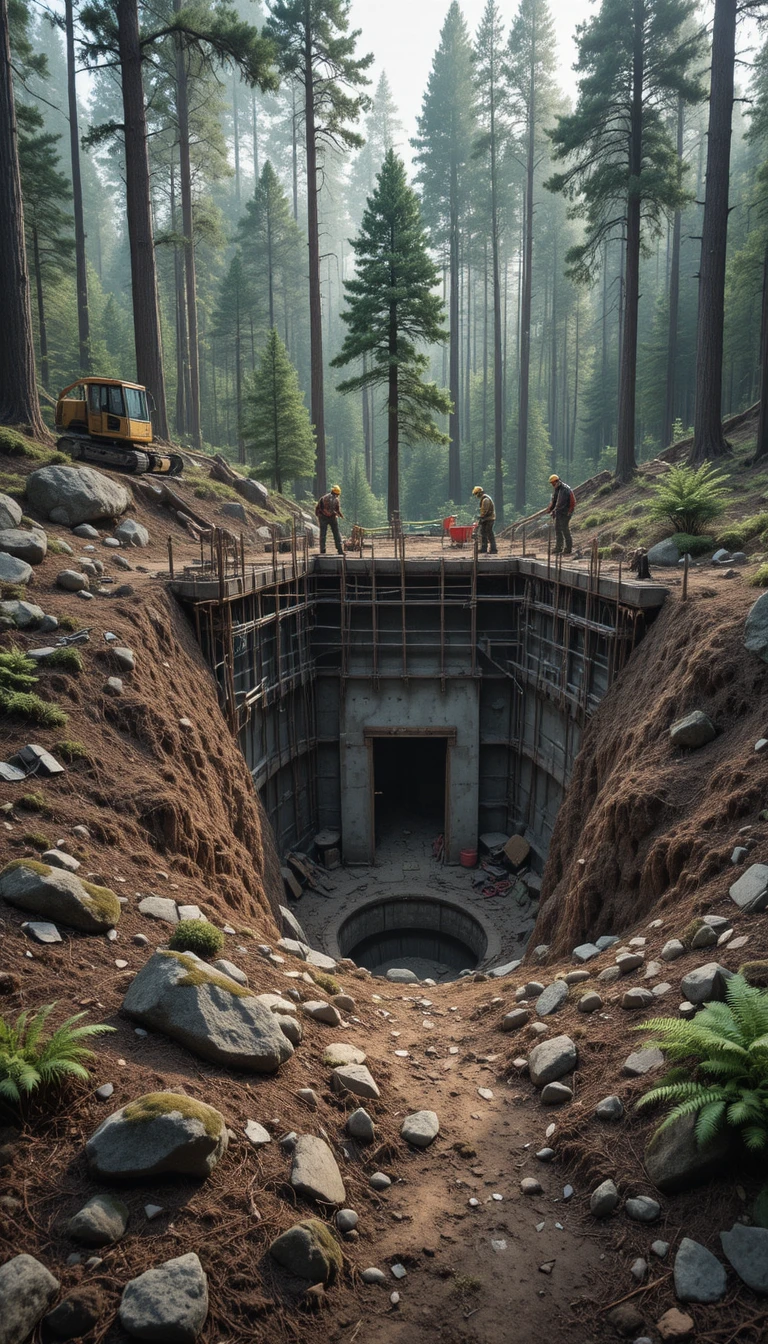 Forest bunker construction site with concrete entrance shaft