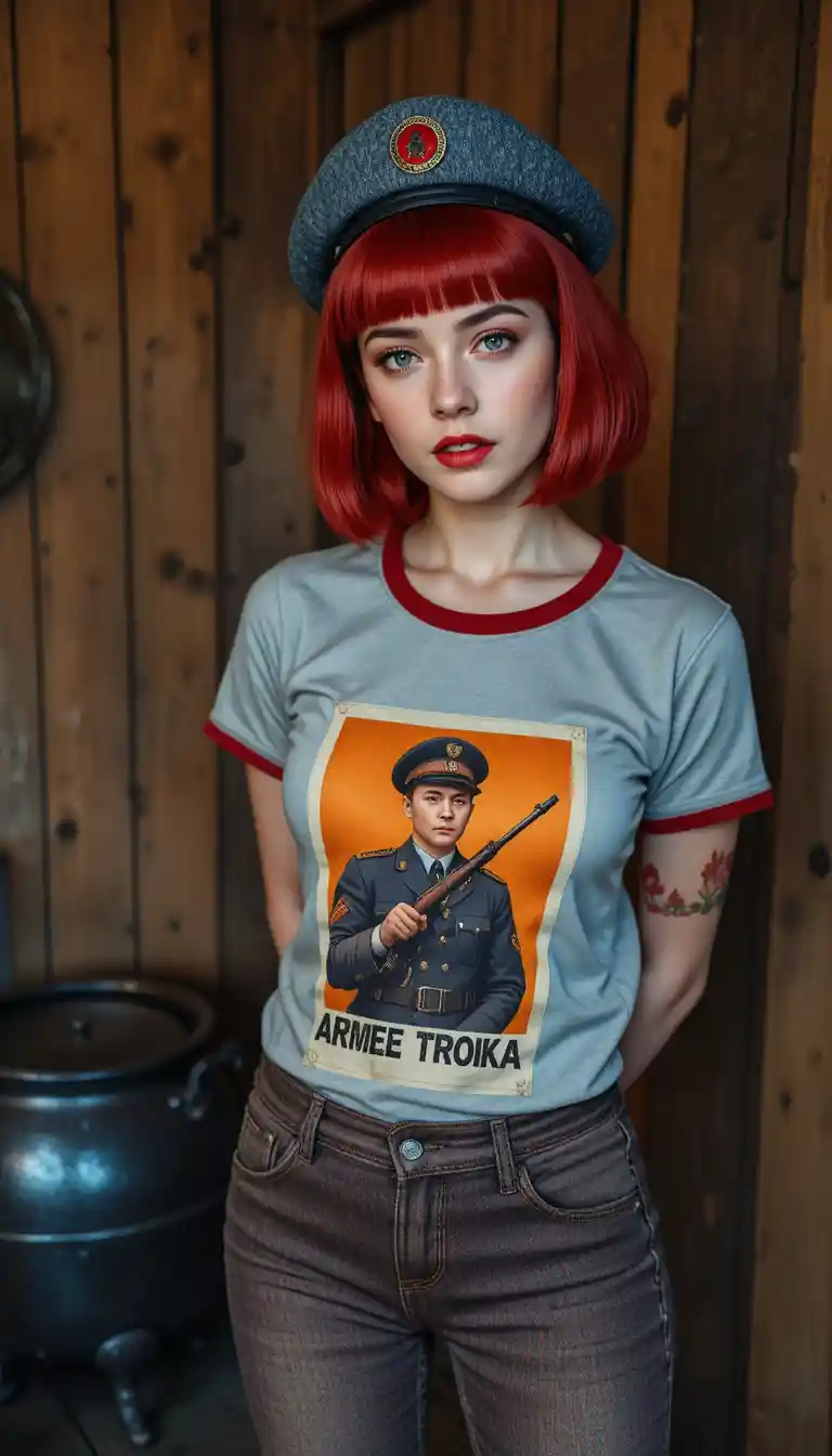 Red haired woman in beret standing against wooden wall