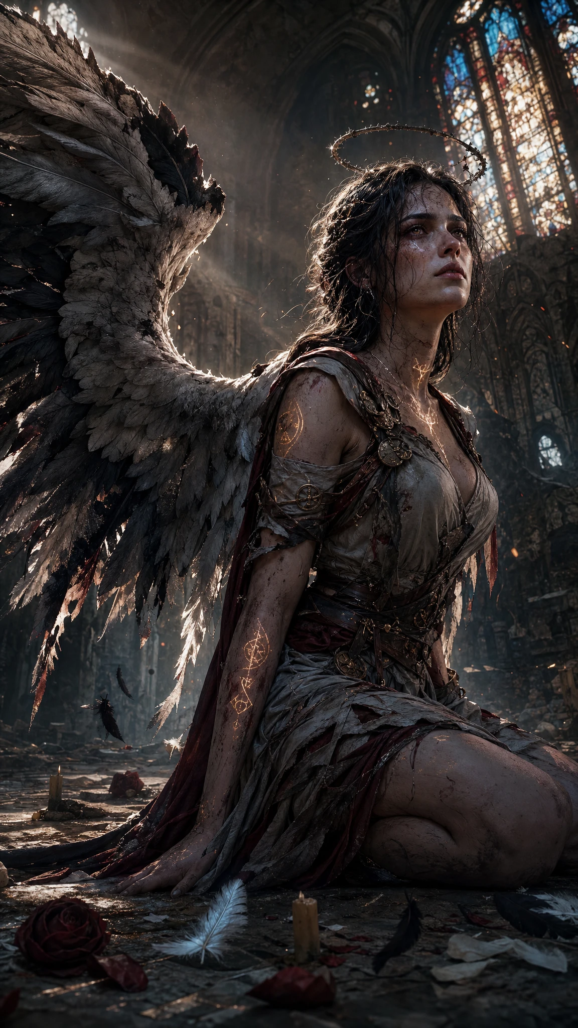 Fallen angel woman kneeling in a ruined cathedral