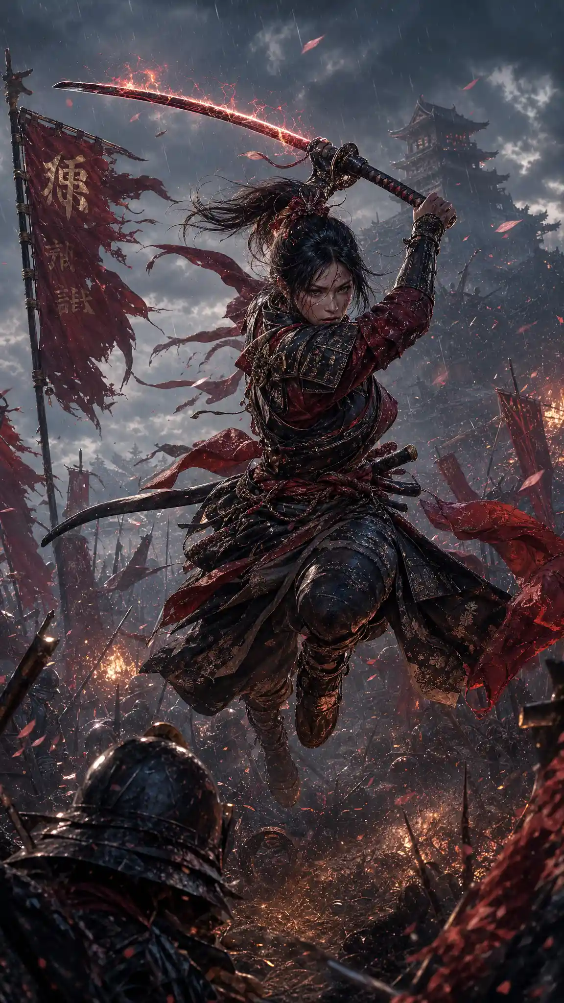 Female samurai leaping into battle on a burning battlefield