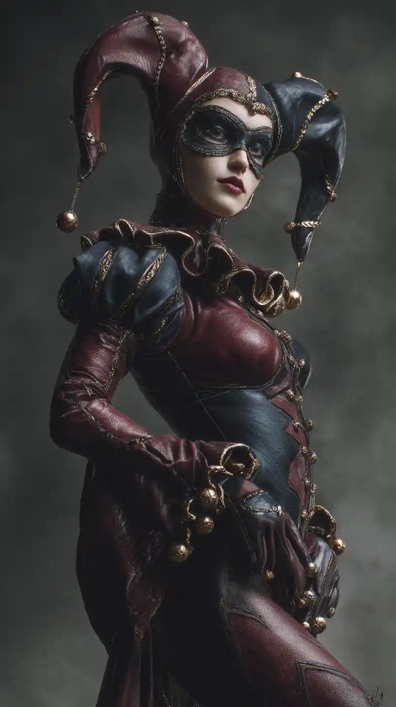 Cinematic portrait of a female court jester in velvet costume