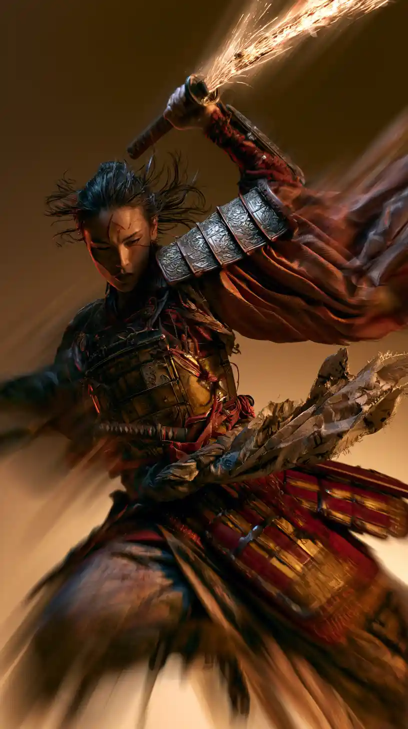 Female samurai leaping forward with an enchanted katana