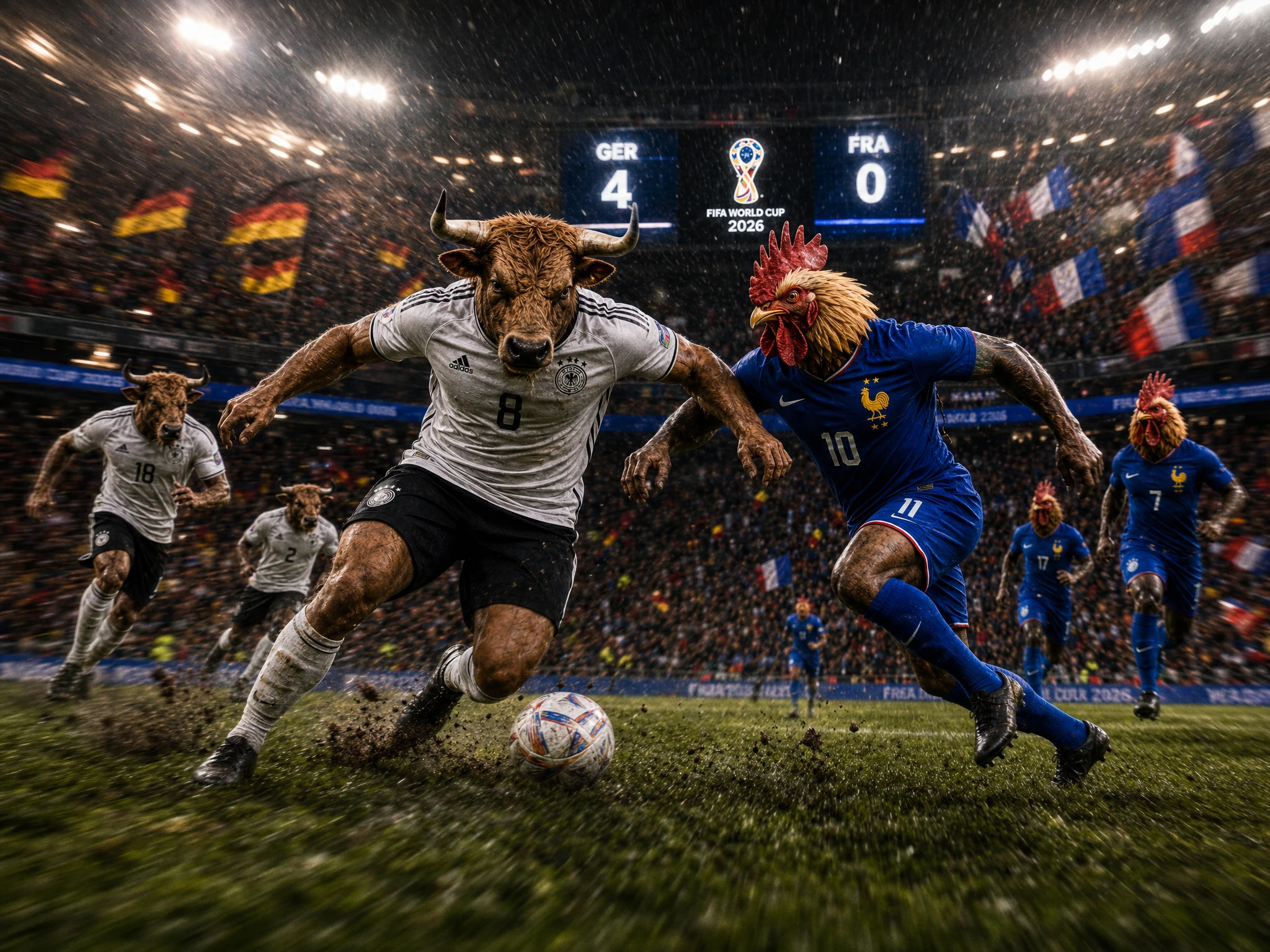 Anthropomorphic bulls and roosters clash in world cup stadium
