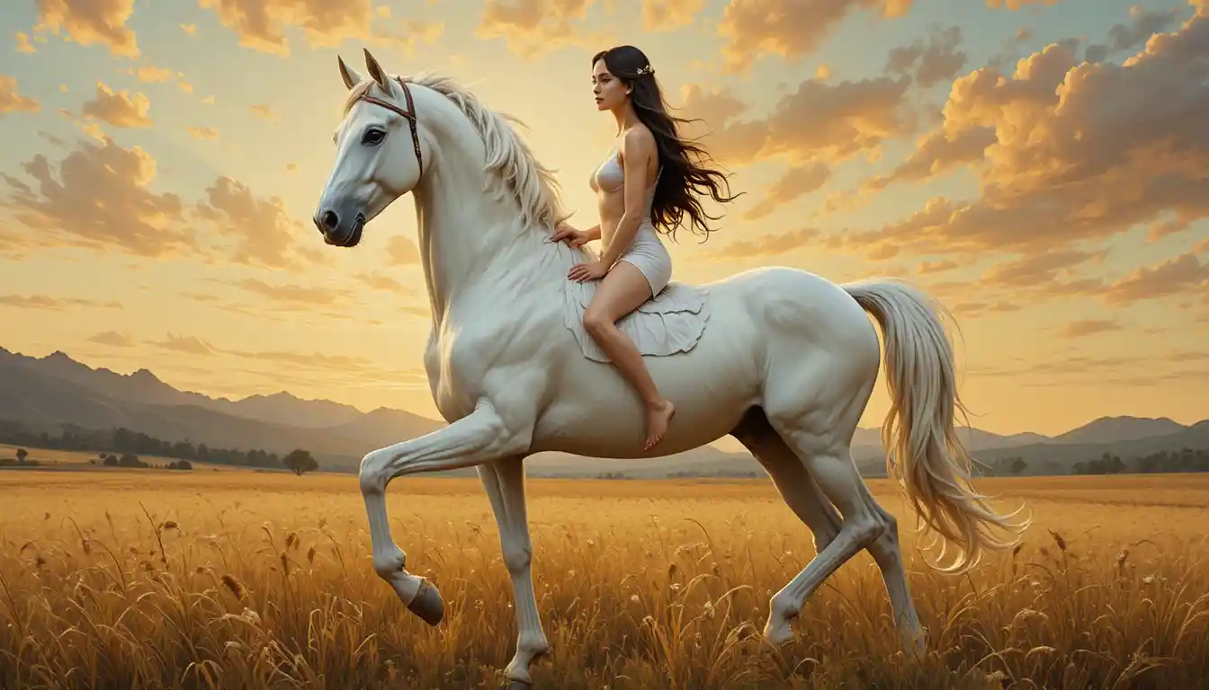 Elegant female centaur in a golden meadow at sunset