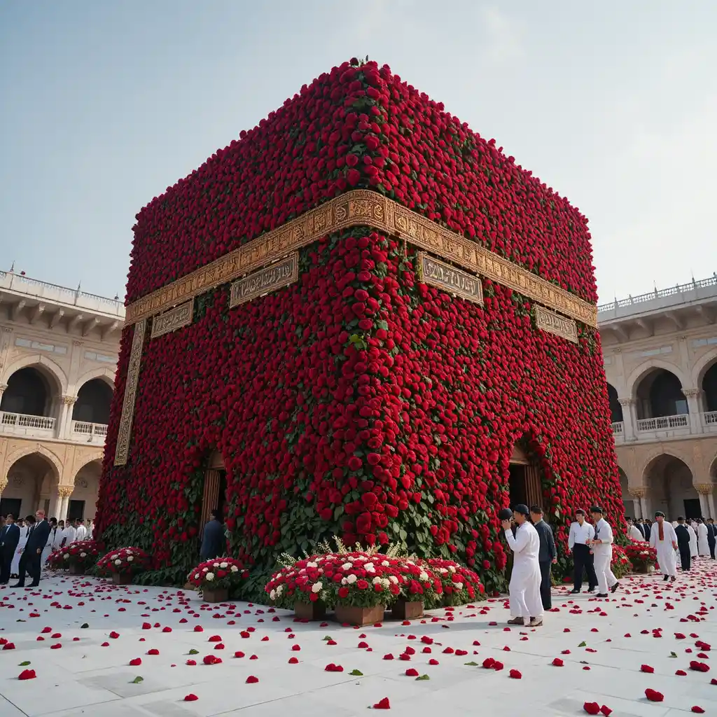 Kaaba Draped In Red Roses With Petals On Marble Courtyard