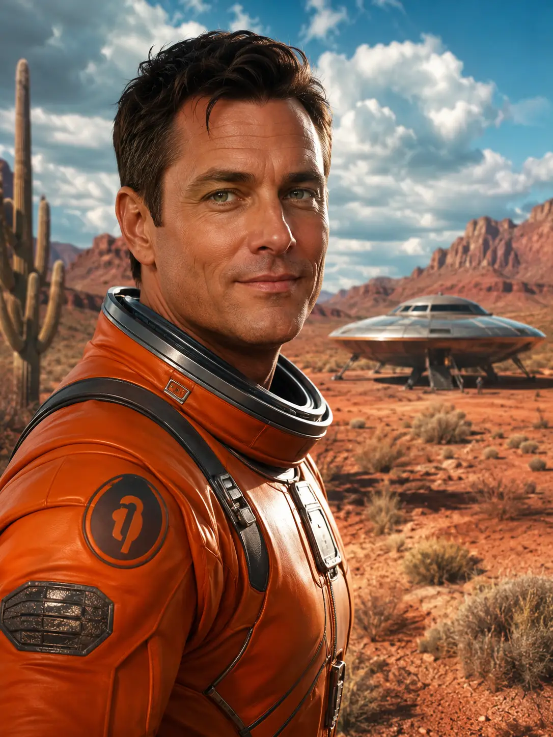 Ritratto di uomo di mezza età in tuta spaziale arancione nel deserto