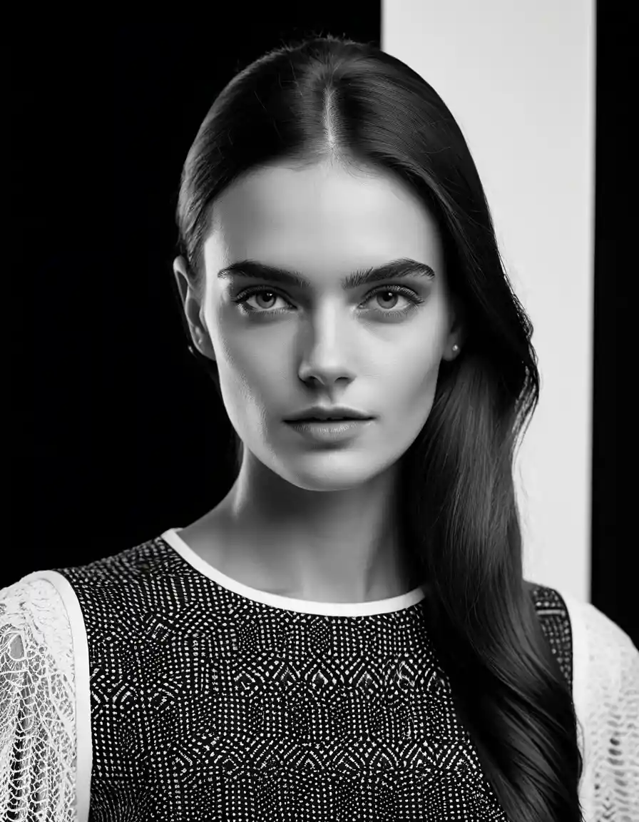 Black and white fashion portrait of a young woman in lingerie