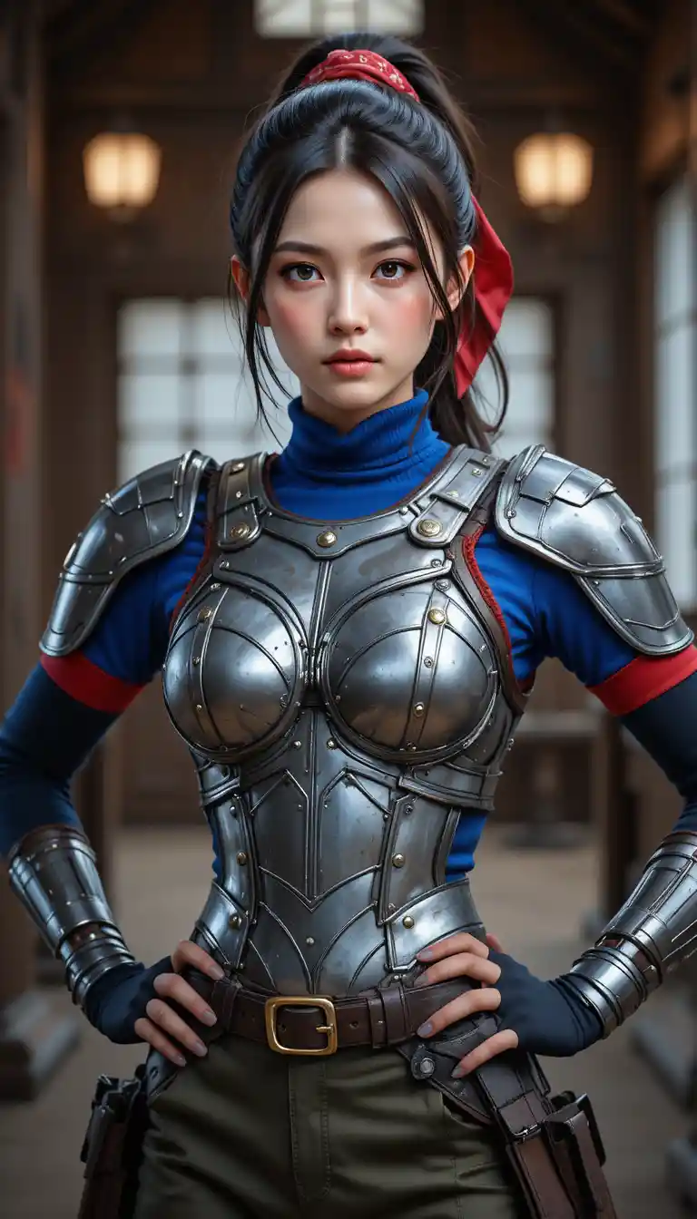 Confident japanese warrior woman in armor medium pose