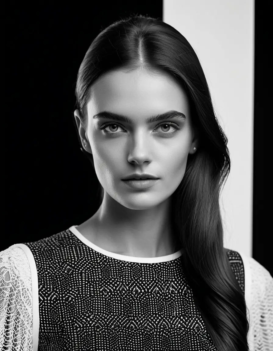Black and white fashion portrait of a young woman in lingerie