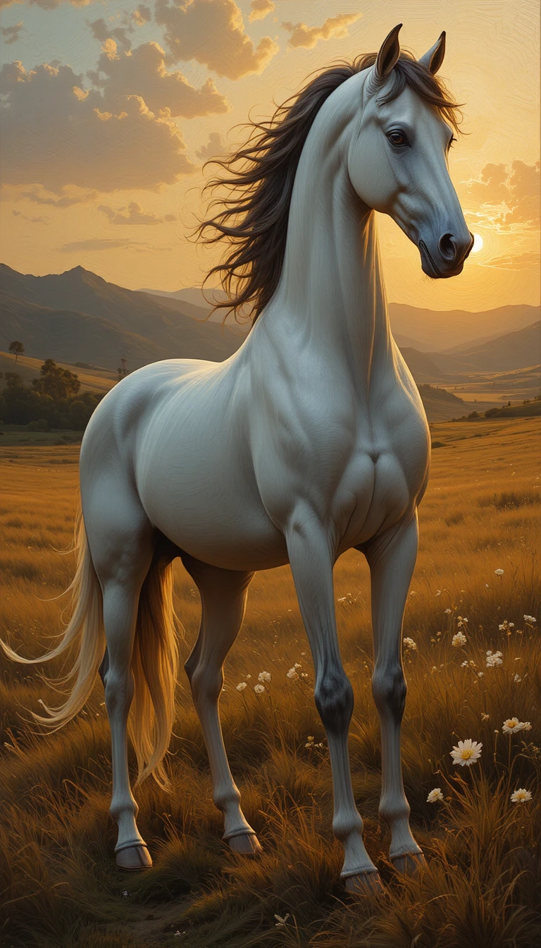 Elegante Zentaurin in einer goldenen Wiese bei Sonnenuntergang