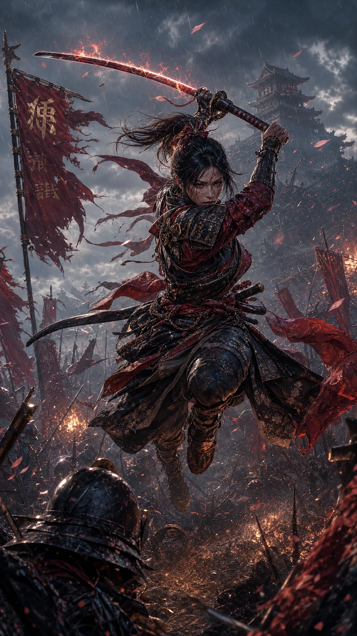 Female samurai leaping into battle on a burning battlefield