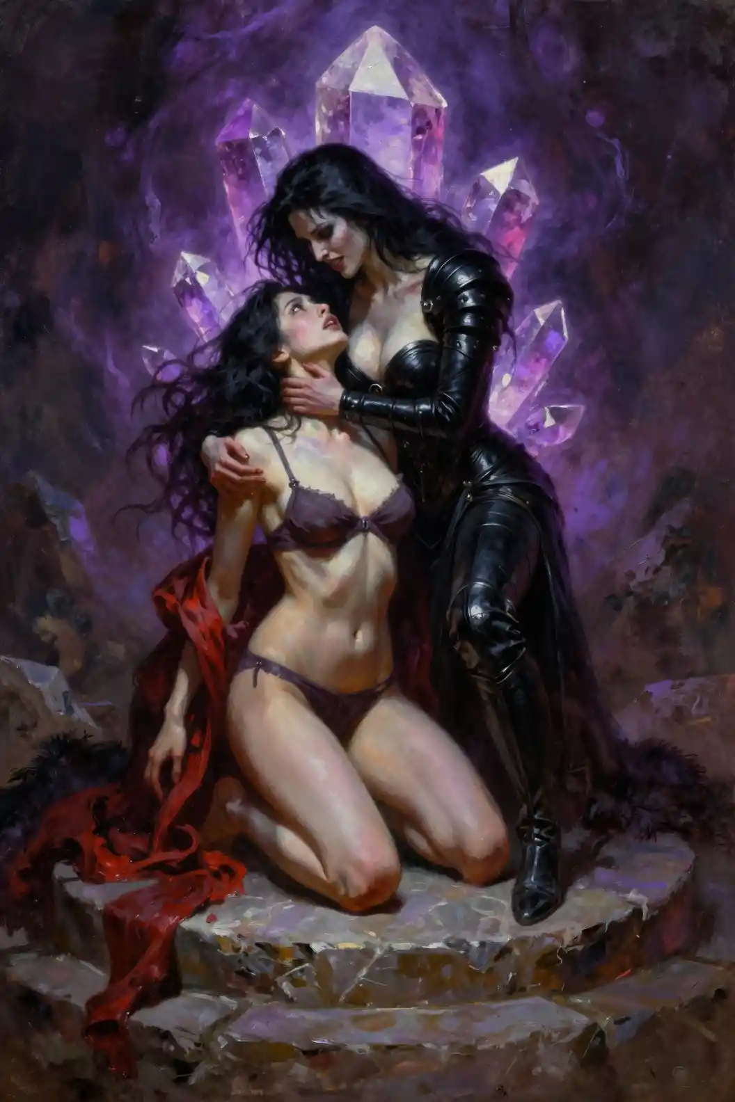 Dark sorceress embracing kneeling captive on stone altar