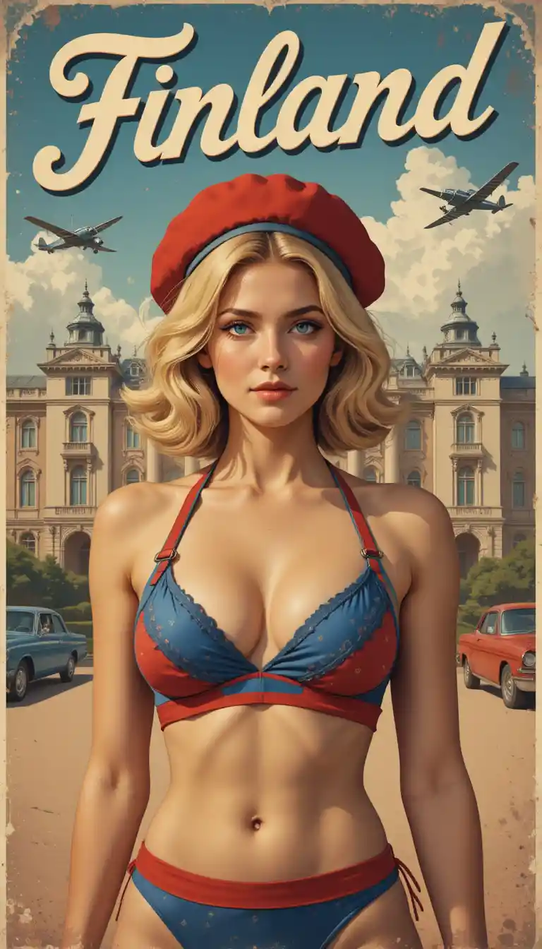 Vintage poster of a blonde fighter before a city landmark