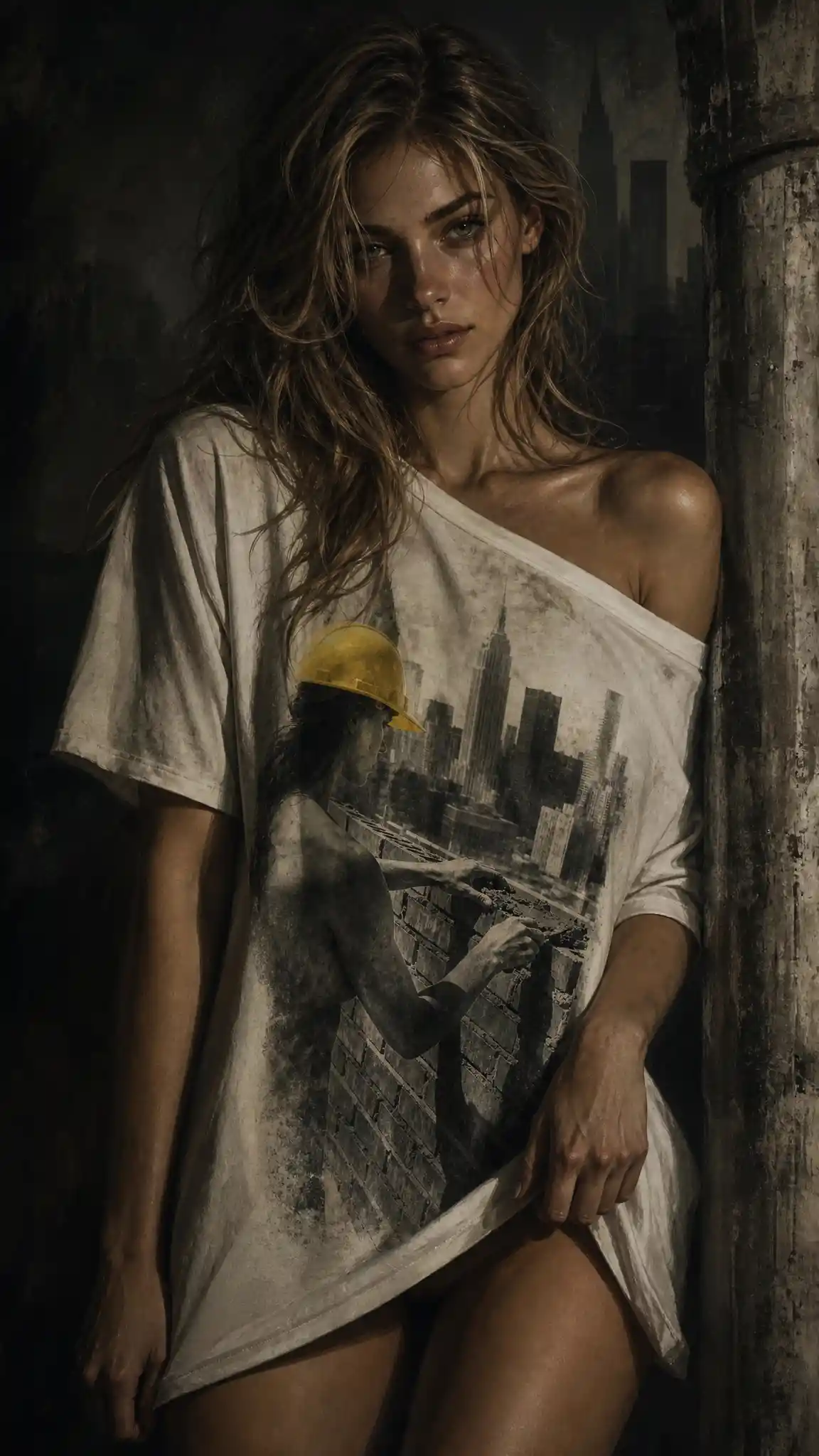Dark fantasy illustration of a slender French woman in T shirt