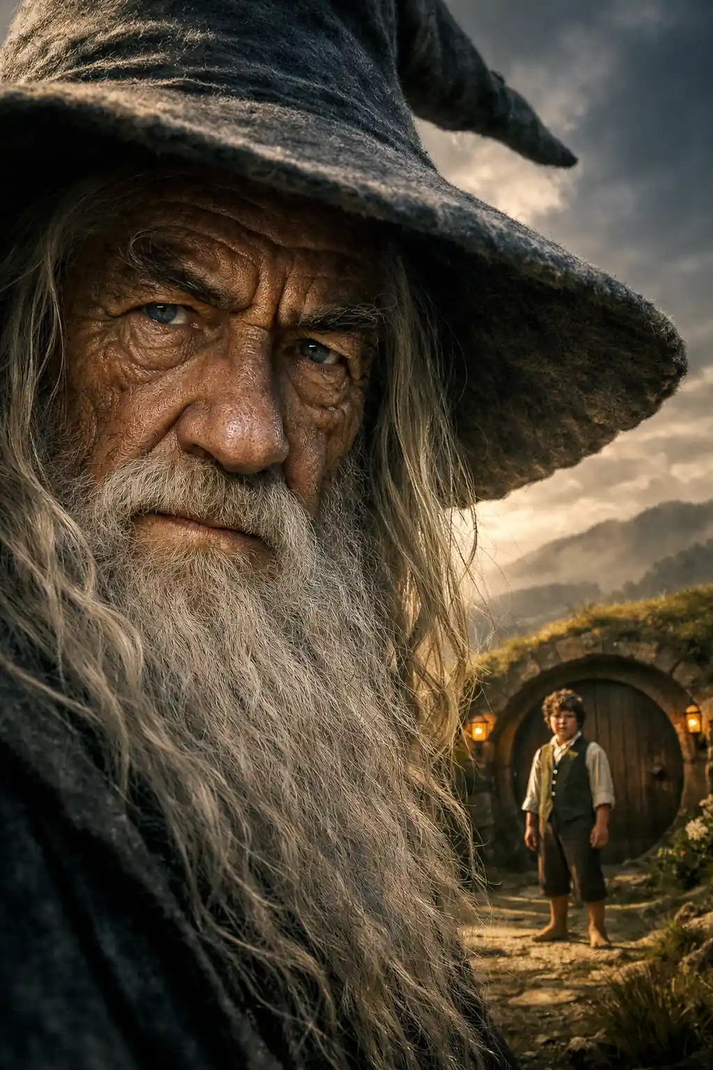 Extreme close up of an old wizard with white beard