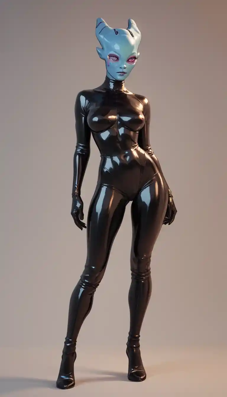 Futuristic Android Woman In Colorful Latex Suit