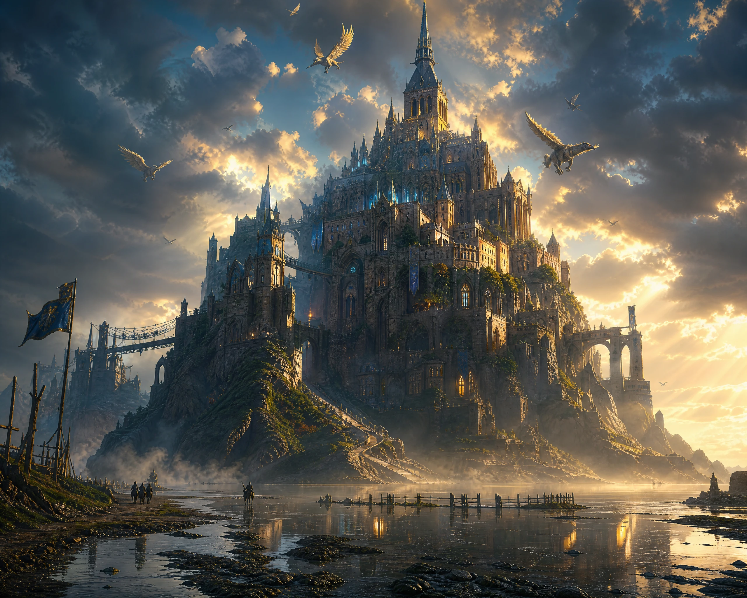 Epic fantasy island citadel at sunrise over tidal flats