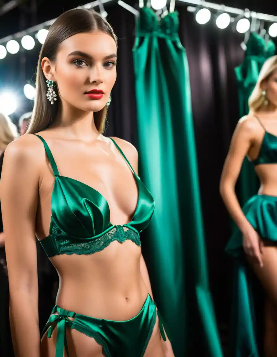 Confident young model posing backstage in green satin lingerie