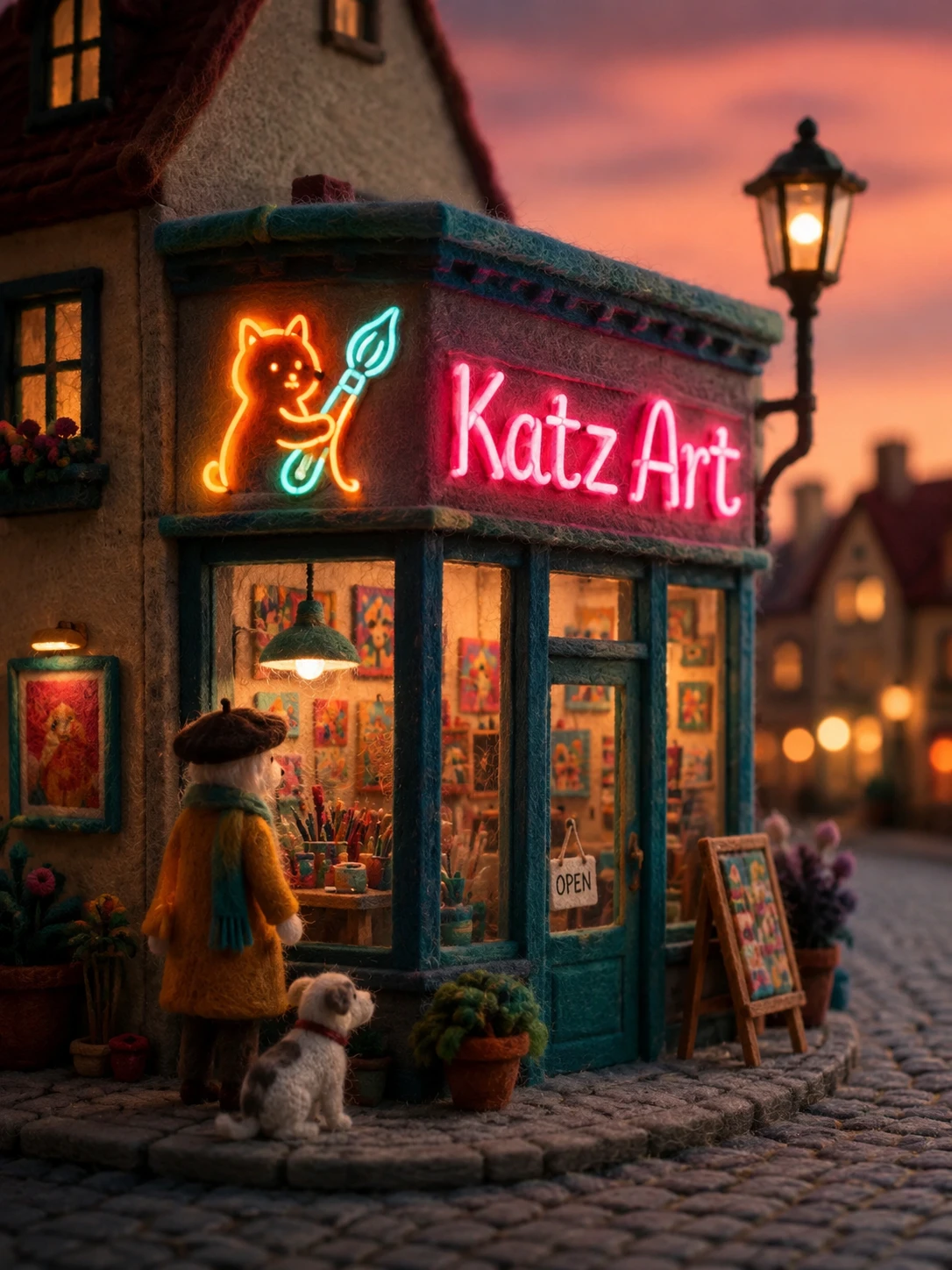 Cozy art store corner with neon cat logo at dusk