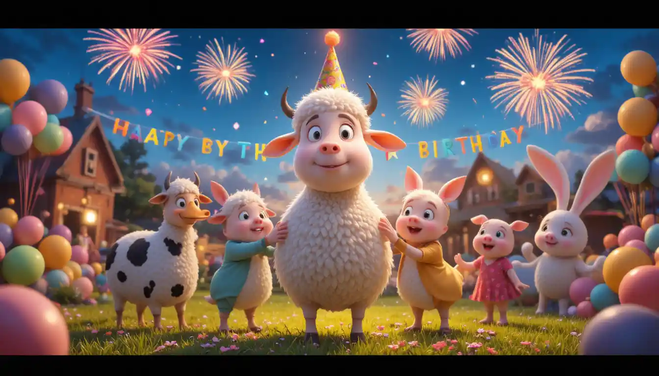 Joyful Farm Animals Celebrating Under Evening Fireworks