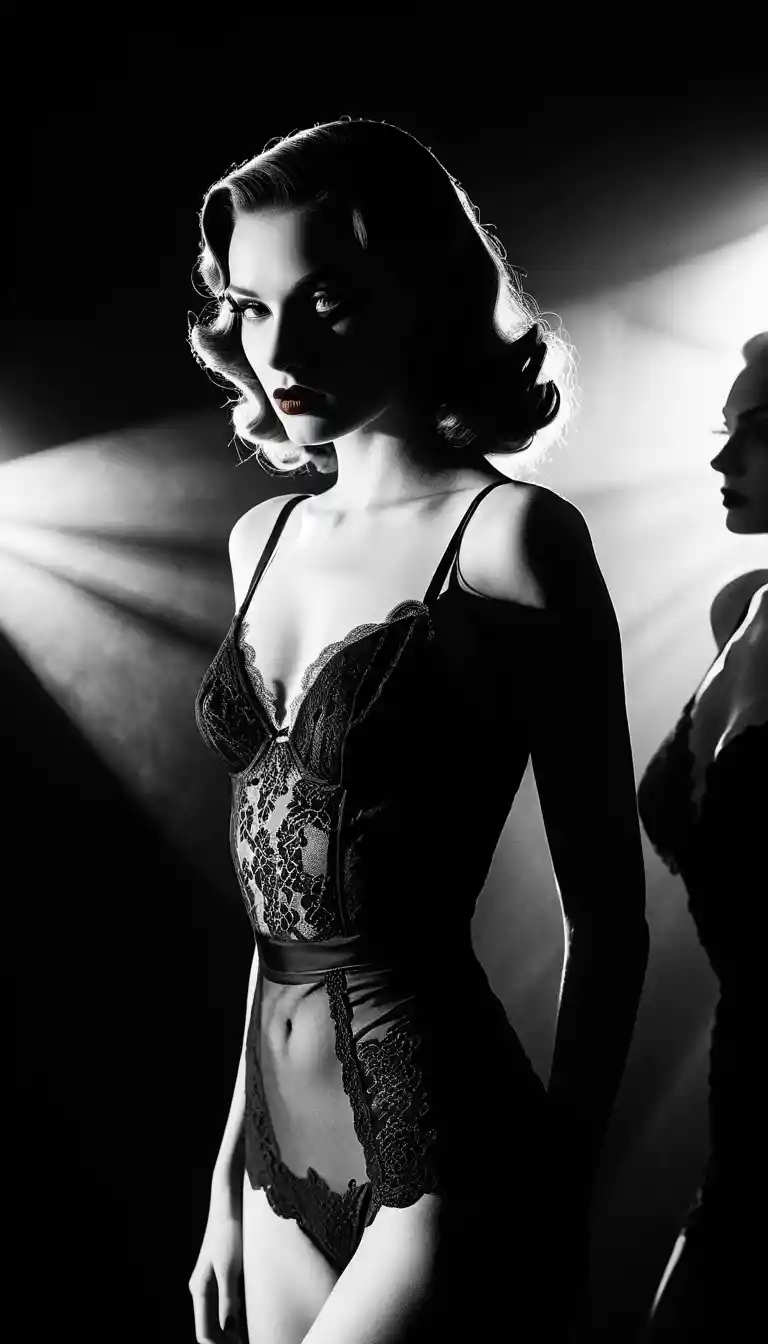 Young model in dark lace lingerie with dramatic side light