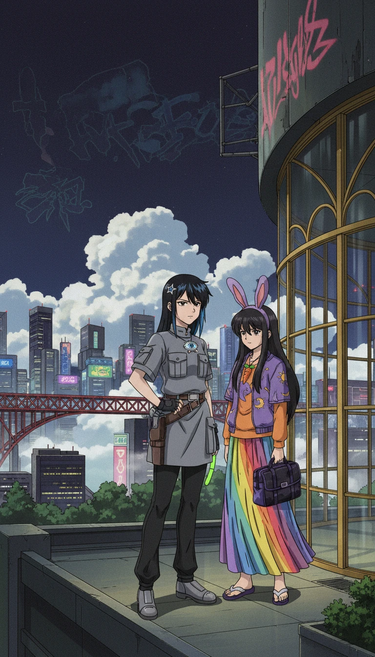 Anime-Mädchen in einem neonbeleuchteten Cyberpunk-Stadtpark bei Nacht