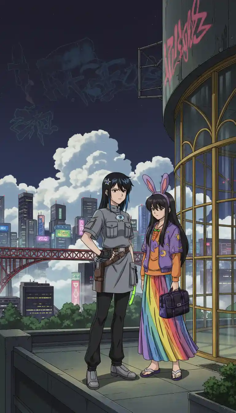 Anime girl in a neon cyberpunk city park at night