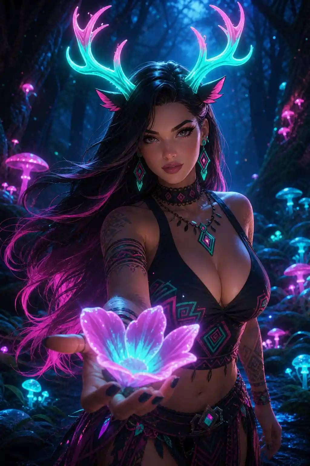 Fantasy girl with glowing antlers offering a luminous flower