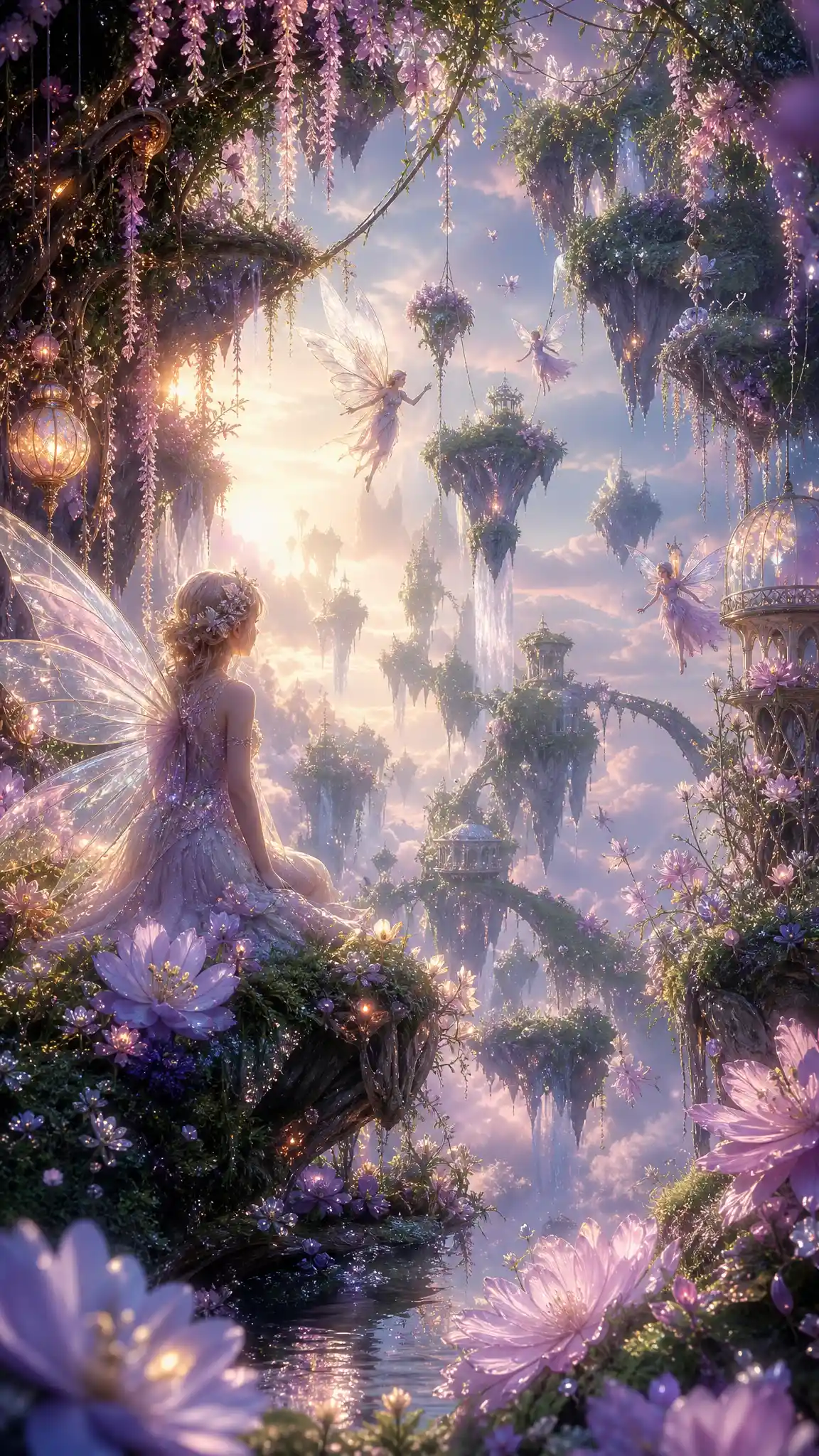 Floating fairy gardens glowing in a tranquil twilight sky