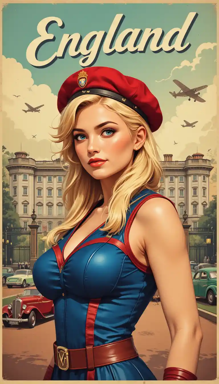 Poster vintage di una combattente bionda a Buckingham Palace