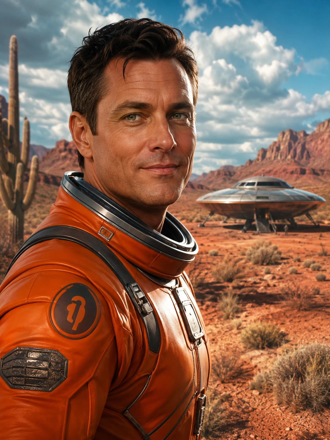 Middle aged man in orange spacesuit in desert portrait