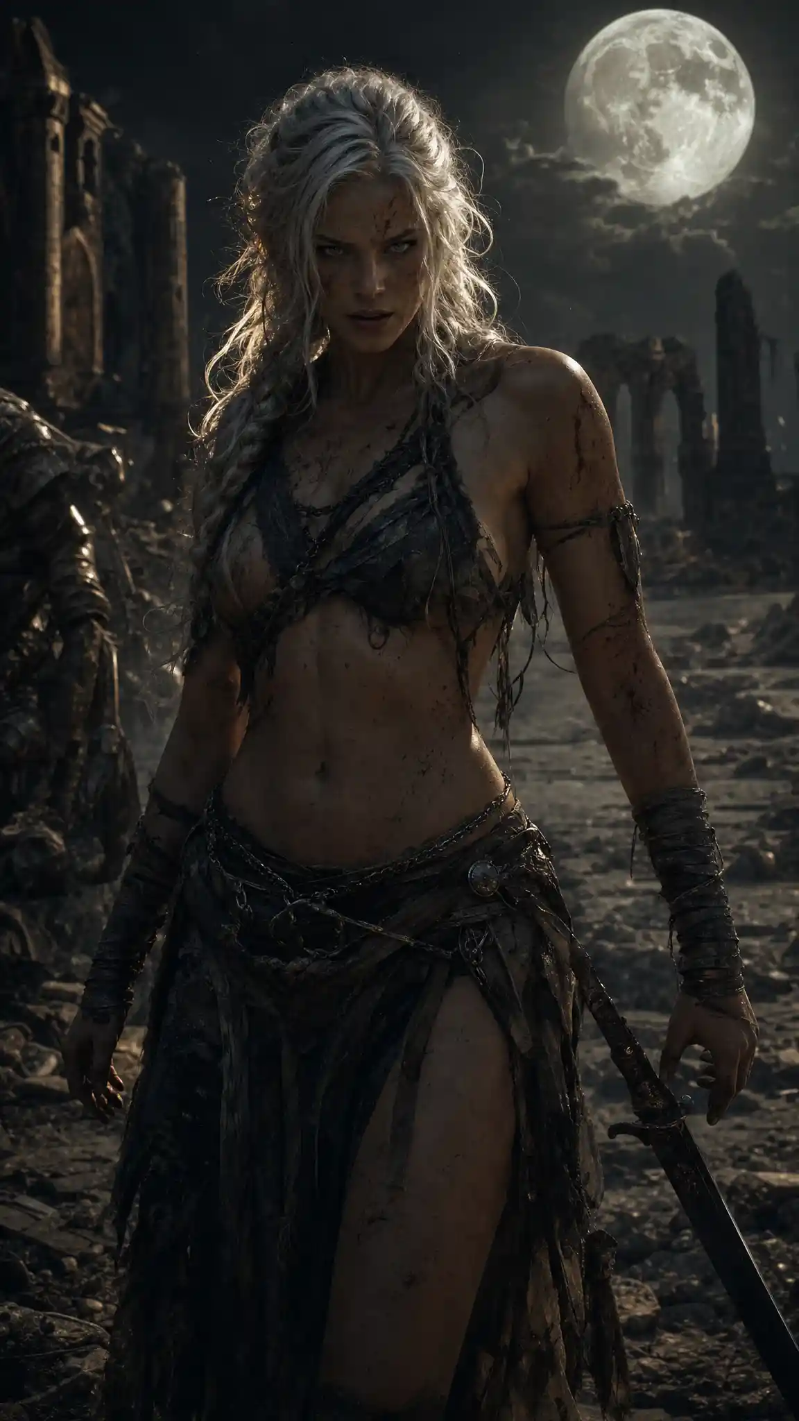 Fierce nordic warrior woman in moonlit ruined city