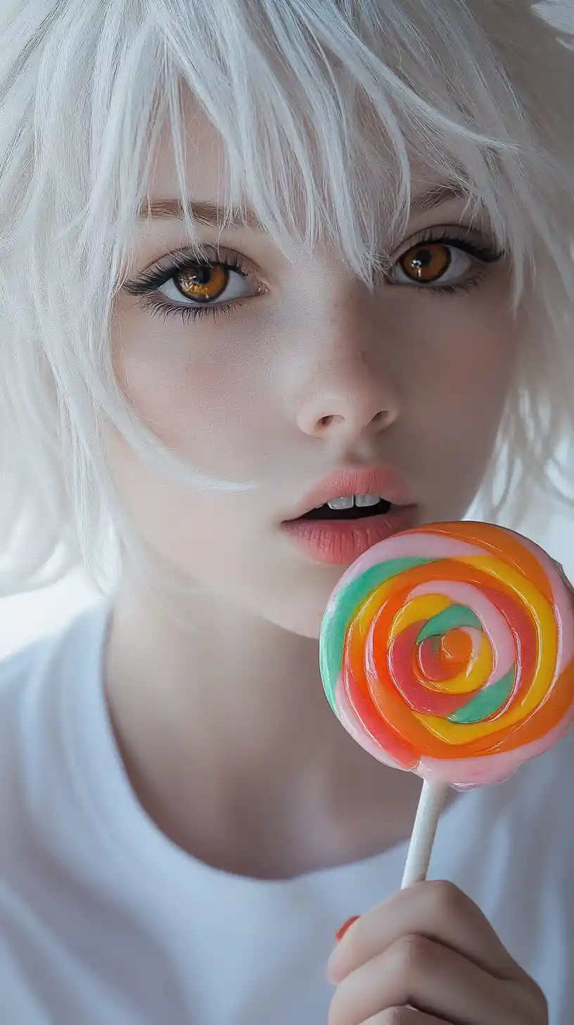 Emo girl close up with lollipop and soft warm light