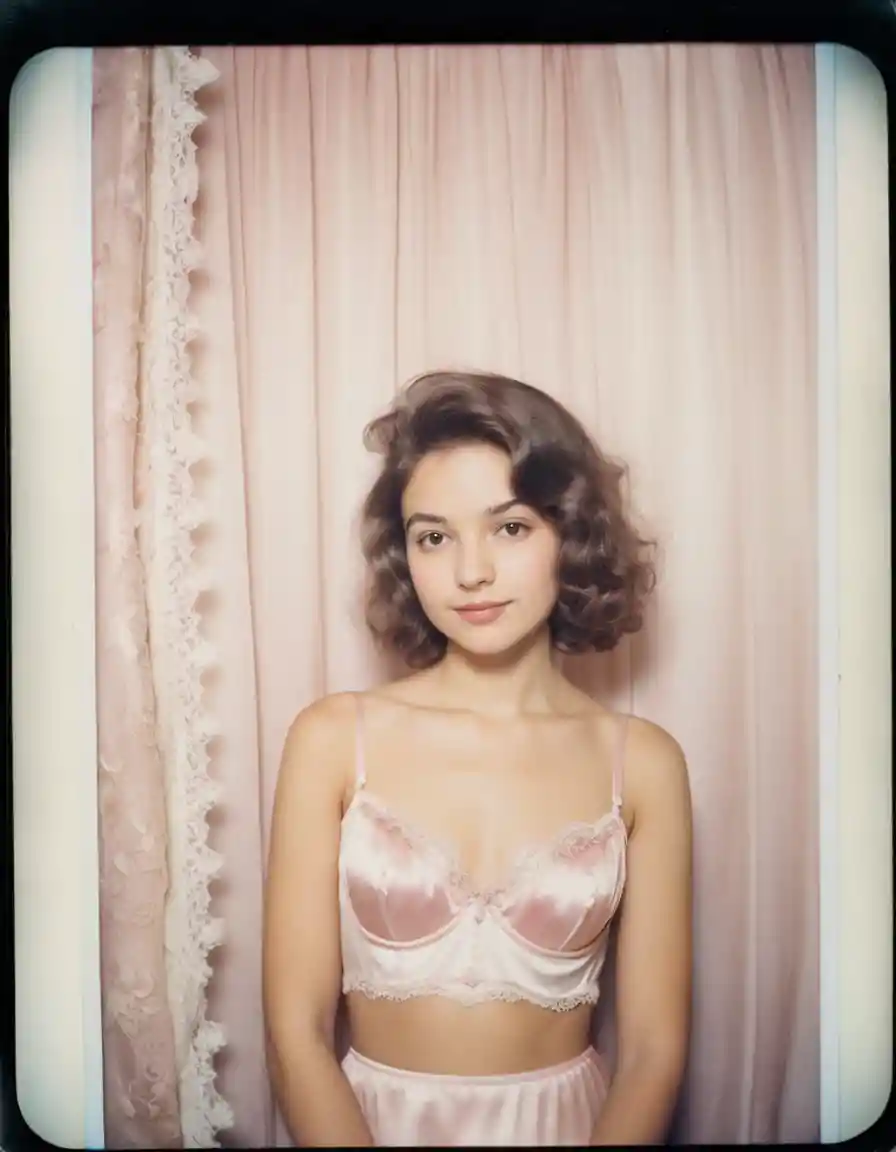 Young woman in pastel lingerie inside a vintage photo booth