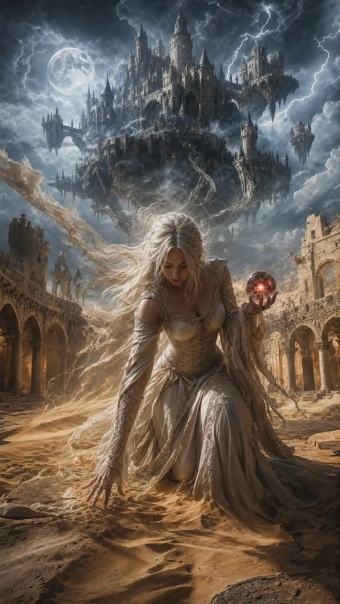 Sorceress in a moonlit castle courtyard beneath floating fortress