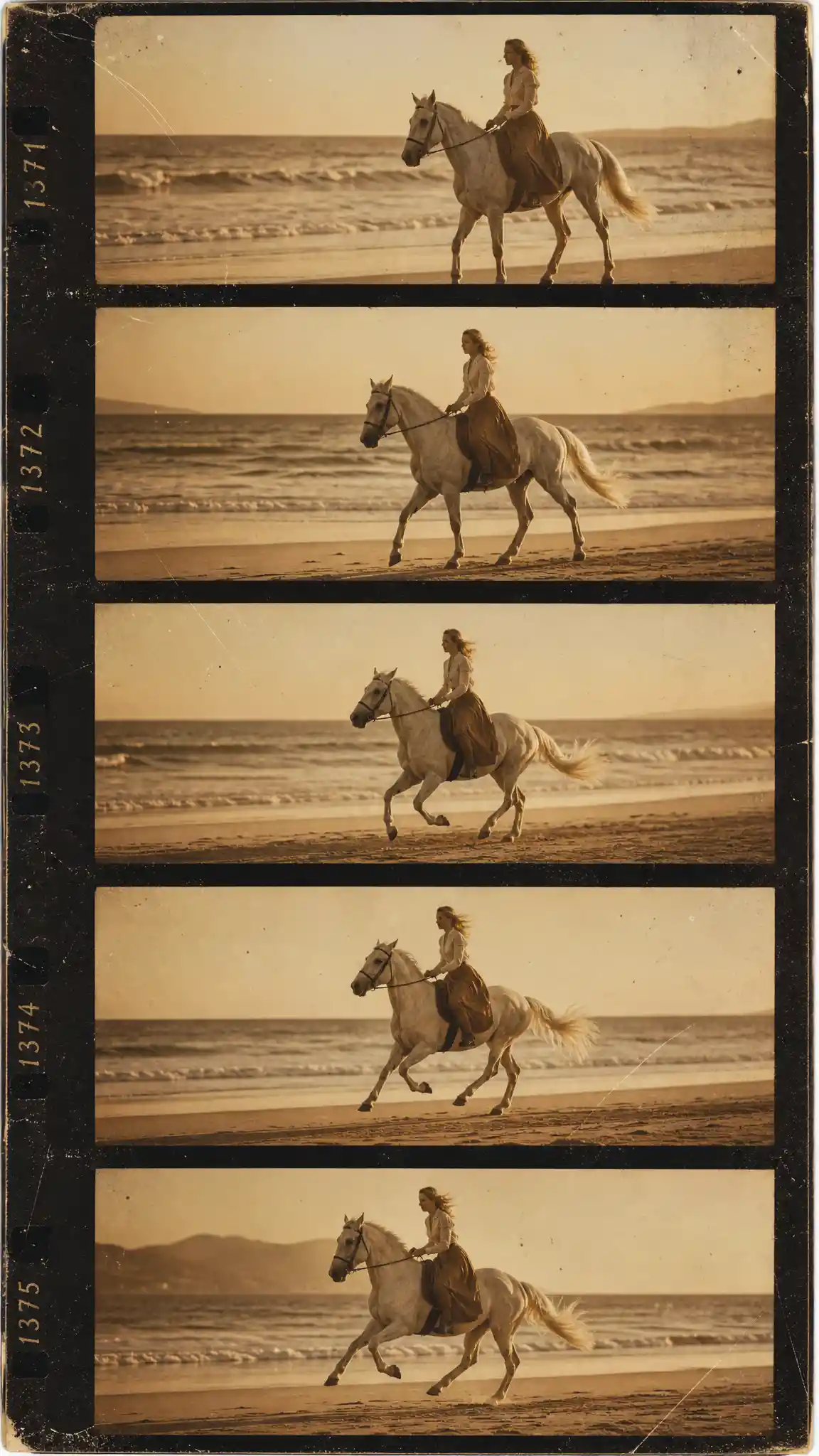 Young woman riding a white horse along a sandy beach