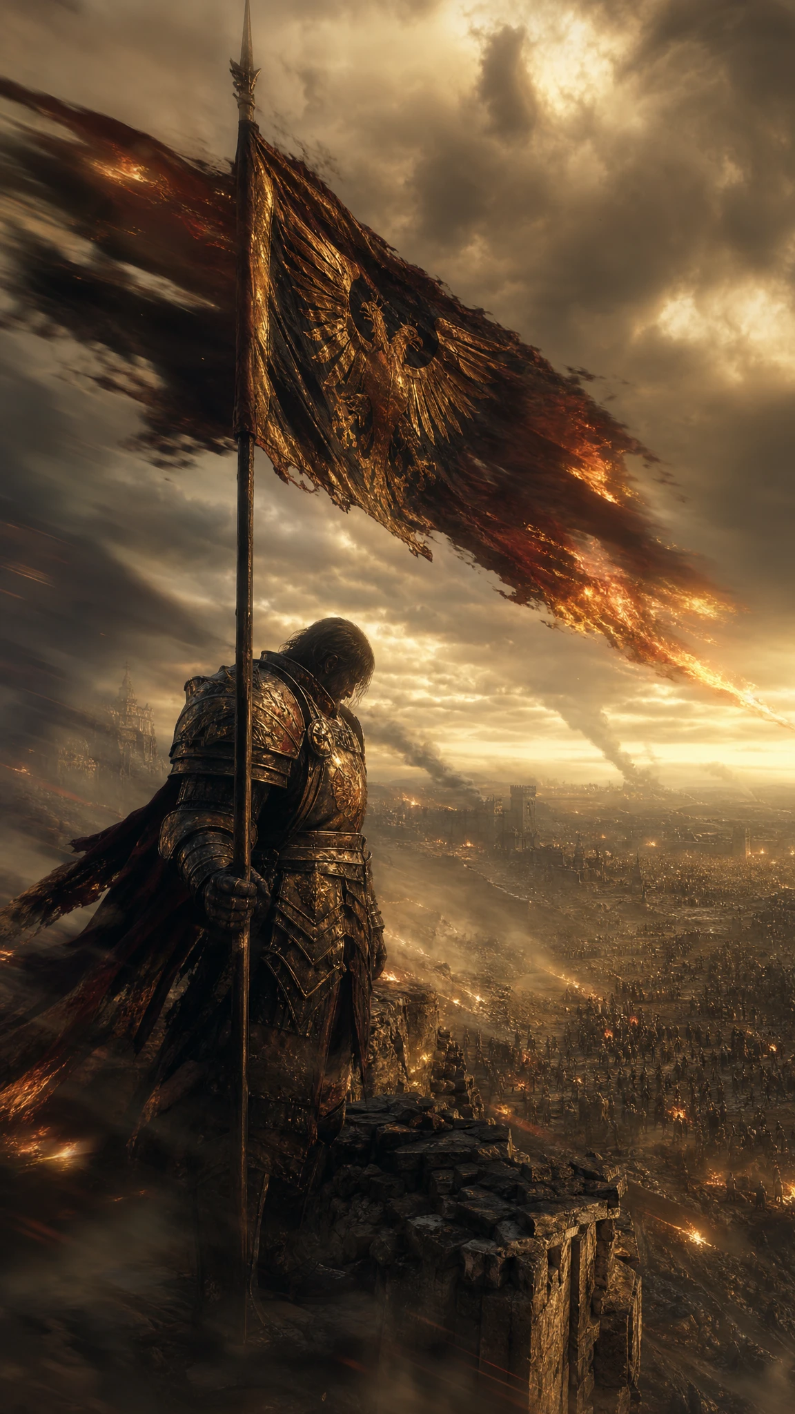 Armored paladin holding burning flag on ruined fortress wall